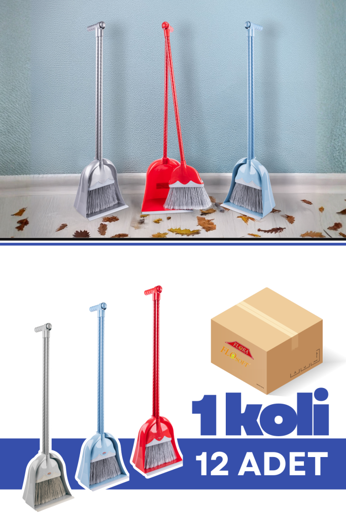 Flora F077 Mega Hazneli Süpürgeli Faraş Seti 12 Adet, Vidalı Metal Uzun Saplı Eğilmeden Temizlik Aparatı 1 Koli=12 Adet
