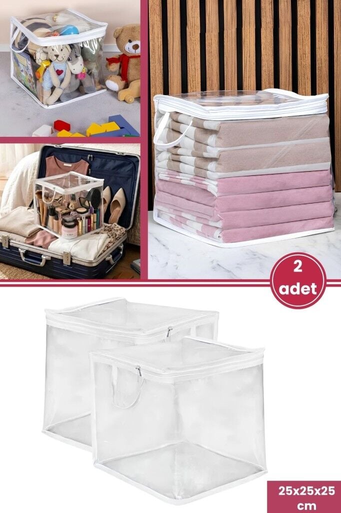 2 Adet Şeffaf Mini Hurç, Fermuarlı Çorap İç Çamaşırı Oyuncak Düzenleyici Dolap İçi Kutu 25x25cm
