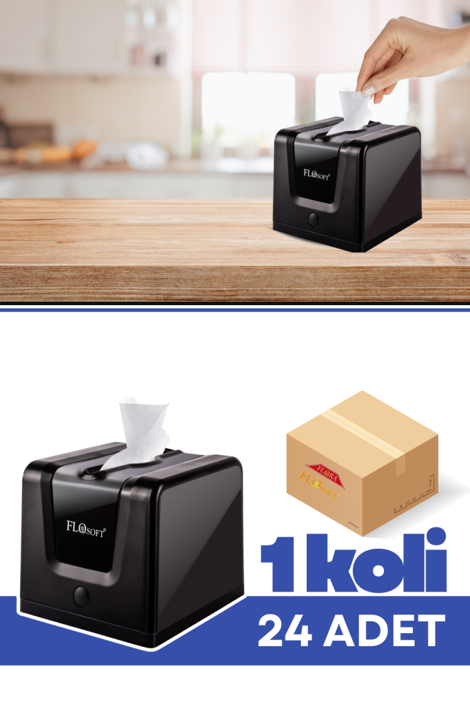 Flosoft F290S Modern Peçetelik Siyah 24 Adet, Şık Tasarım Tekli Çekim Masa Üstü Peçete Dispenseri 1 Koli=24 Adet