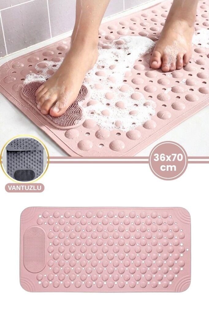 Vantuzlu Dikdörtgen Duş Kaydırmaz Paspas, Küvet İçi Banyo Zemini Ayak Masaj Halısı (70x36cm) Pembe