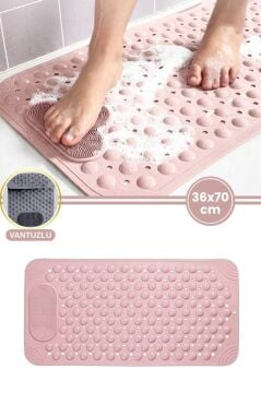Vantuzlu Dikdörtgen Duş Kaydırmaz Paspas, Küvet İçi Banyo Zemini Ayak Masaj Halısı (70x36cm) Pembe