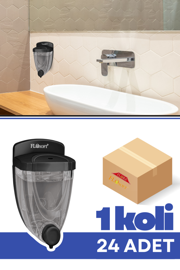 Flosoft F011S Siyah Sıvı Sabunluk 650 ml 24 Adet, Şeffaf Hazneli Duvara Monte Sabun Dispenseri 1 Koli=24 Adet
