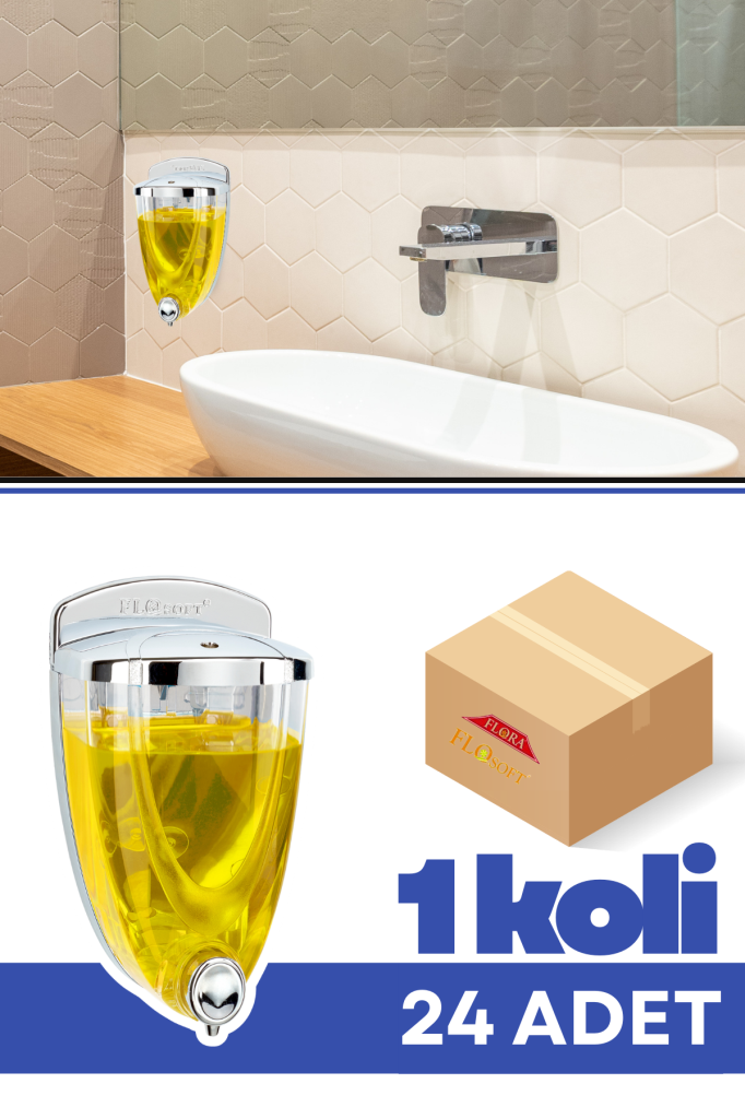 Flosoft F016 Krom Sıvı Sabunluk 650 ml 24 Adet, Şık Tasarım Duvara Monte Sabun Dispenseri 1 Koli=24 Adet