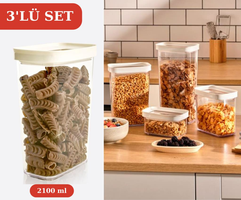 Flosoft 3’lü Lüks Kristal Dikdörtgen Erzak Saklama Kabı Seti 3x2100ml