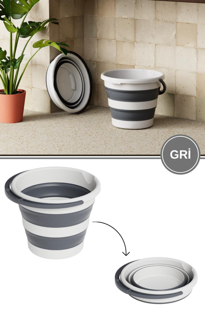 Katlanır Bebek Banyo Su Kovası, Saplı Oluklu Akordiyon Çok Amaçlı Kova Sepet 10 lt Gri