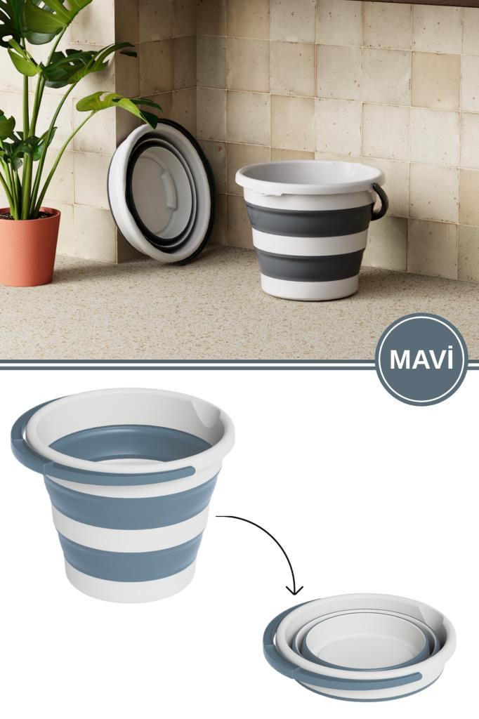 Katlanır Bebek Banyo Su Kovası, Saplı Oluklu Akordiyon Çok Amaçlı Kova Sepet 10 lt Mavi