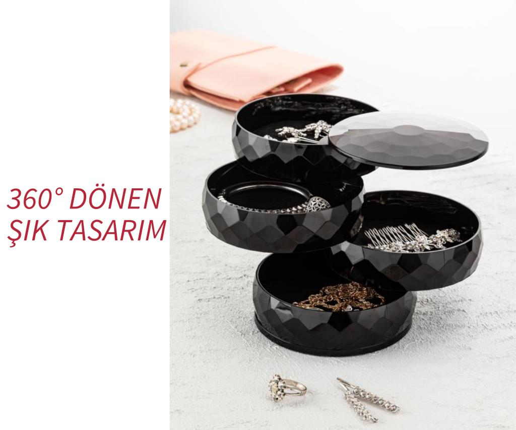 Flosoft 4 Katlı Dönebilen Silindir Takı Organizeri, Makyaj Kolye Yüzük Aksesuar Düzenleme Kutusu SİYAH