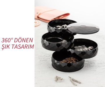 Flosoft 4 Katlı Dönebilen Silindir Takı Organizeri, Makyaj Kolye Yüzük Aksesuar Düzenleme Kutusu SİYAH