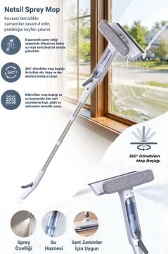 Spreyli Cam Yer Temizleme Mop Seti, Su Hazneli Kovasız Etkili Spreyli Mikrofiber Temizlik Seti