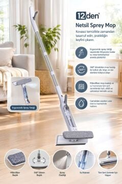 Spreyli Cam Yer Temizleme Mop Seti, Su Hazneli Kovasız Etkili Spreyli Mikrofiber Temizlik Seti