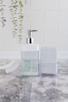 Flosoft Süngerli Mutfak Sabunluğu & Bulaşık Deterjanlığı, Akrilik Sıvı Sabun Deterjan Şişesi Silver