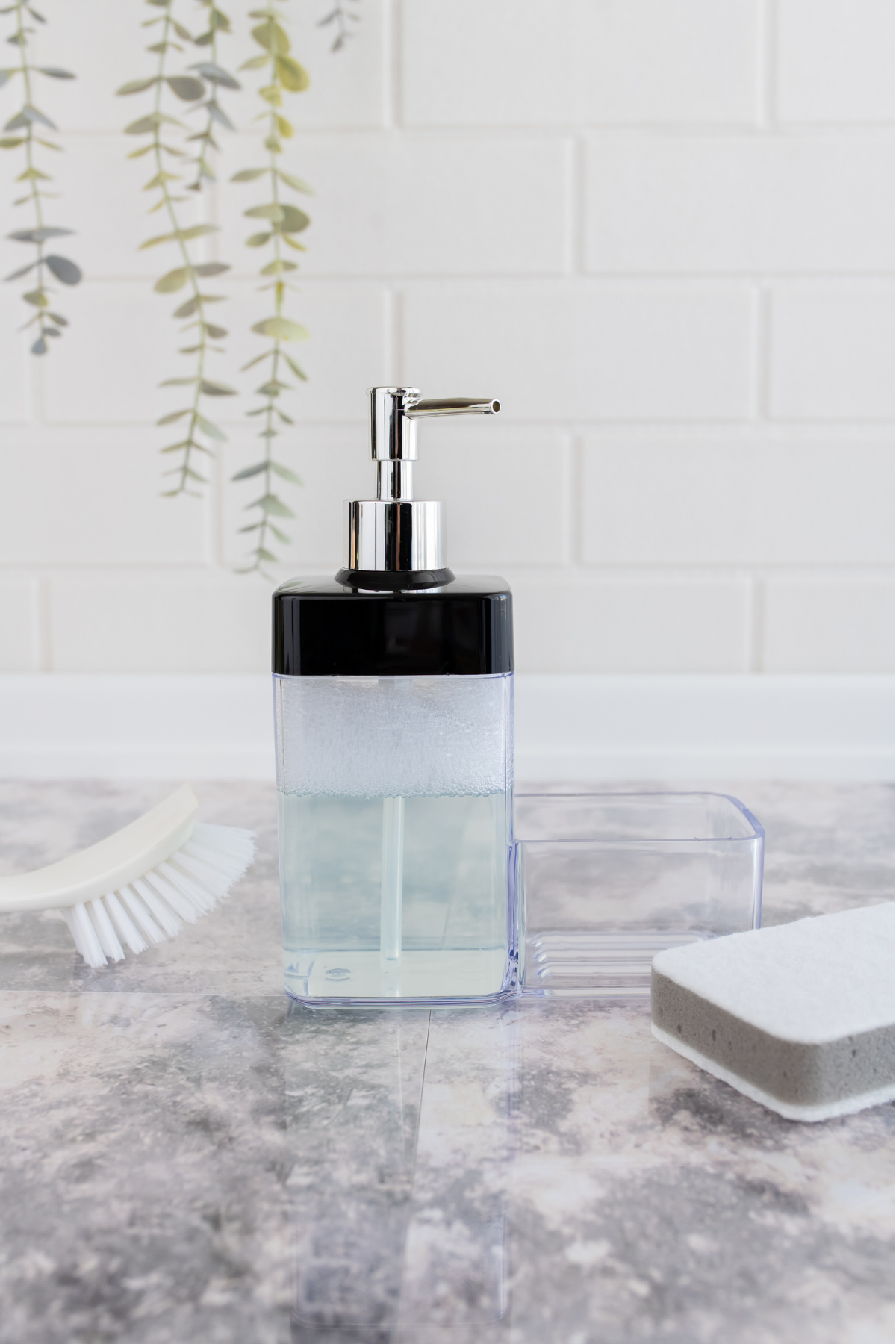 Flosoft Süngerli Mutfak Sabunluğu & Bulaşık Deterjanlığı, Akrilik Sıvı Sabun Deterjan Şişesi Silver