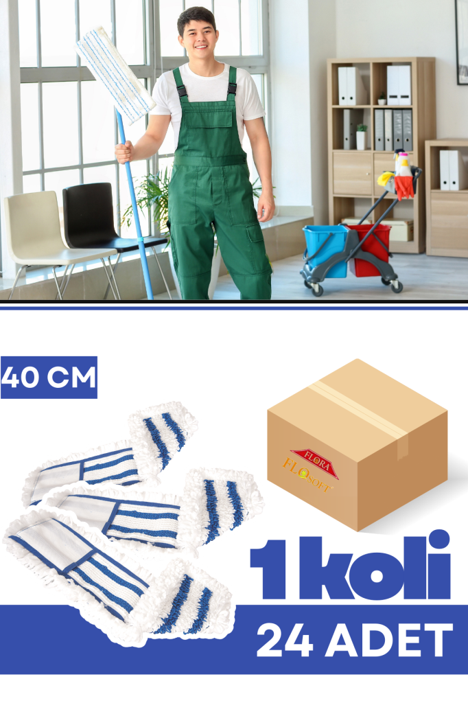 Flora FT501 Mikrofiber Nemli Mop 40 cm 24 Adet, Profesyonel Cepli Geniş Paspas Yedeği 1 Koli=24 Adet