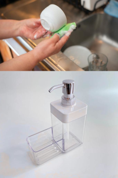 Flosoft Süngerli Mutfak Sabunluğu & Bulaşık Deterjanlığı, Akrilik Sıvı Sabun Deterjan Şişesi Silver Gri