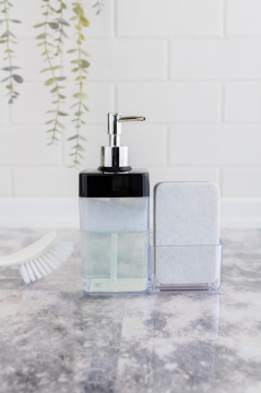 Flosoft Süngerli Mutfak Sabunluğu & Bulaşık Deterjanlığı, Akrilik Sıvı Sabun Deterjan Şişesi Silver Siyah