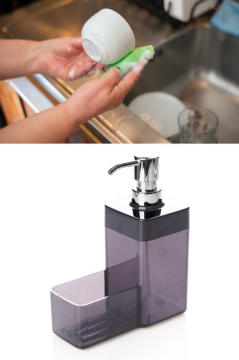 Flosoft Süngerli Mutfak Sabunluğu & Bulaşık Deterjanlığı, Akrilik Sıvı Sabun Deterjan Şişesi Silver Gri