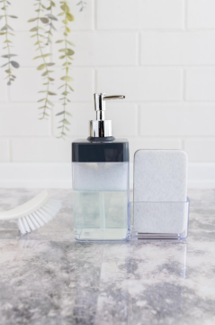 Flosoft Süngerli Mutfak Sabunluğu & Bulaşık Deterjanlığı, Akrilik Sıvı Sabun Deterjan Şişesi Silver Gri