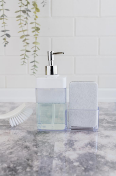 Flosoft Süngerli Mutfak Sabunluğu & Bulaşık Deterjanlığı, Akrilik Sıvı Sabun Deterjan Şişesi Silver Beyaz