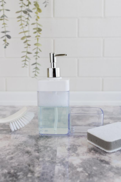 Flosoft Süngerli Mutfak Sabunluğu & Bulaşık Deterjanlığı, Akrilik Sıvı Sabun Deterjan Şişesi Silver Beyaz