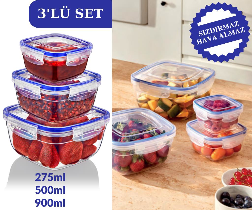 Flosoft Contalı Sızdırmaz Hava Almaz Kare Saklama Kabı 3’lü Set (275ml,500ml,900ml)