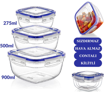 Flosoft Contalı Sızdırmaz Hava Almaz Kare Saklama Kabı 3’lü Set (275ml,500ml,900ml)