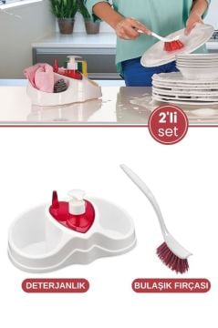 Bulaşık Temizlik Seti, Sünger Fırça Deterjan Bölmeli Bulaşık Deterjanlığı Sabunluk + Bulaşık Fırçası