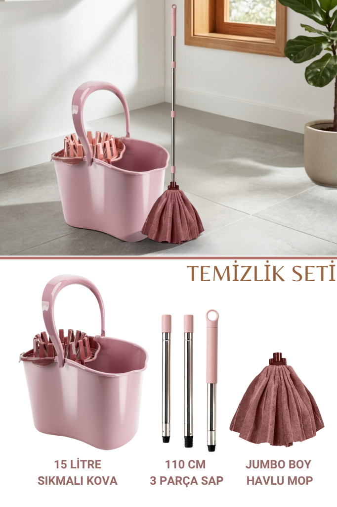 Sıkma Başlıklı Temizlik Kovası Seti, 15 Lt Kova + Mega Mikrofiber Havlu Mop + 3 Parçalı Sap Pembe