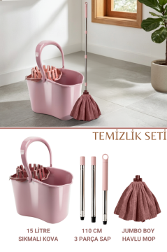 Sıkma Başlıklı Temizlik Kovası Seti, 15 Lt Kova + Mega Mikrofiber Havlu Mop + 3 Parçalı Sap Pembe