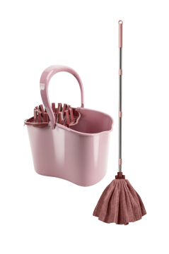 Sıkma Başlıklı Temizlik Kovası Seti, 15 Lt Kova + Mega Mikrofiber Havlu Mop + 3 Parçalı Sap Pembe