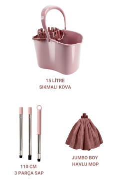 Sıkma Başlıklı Temizlik Kovası Seti, 15 Lt Kova + Mega Mikrofiber Havlu Mop + 3 Parçalı Sap Pembe