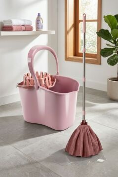 Sıkma Başlıklı Temizlik Kovası Seti, 15 Lt Kova + Mega Mikrofiber Havlu Mop + 3 Parçalı Sap Pembe