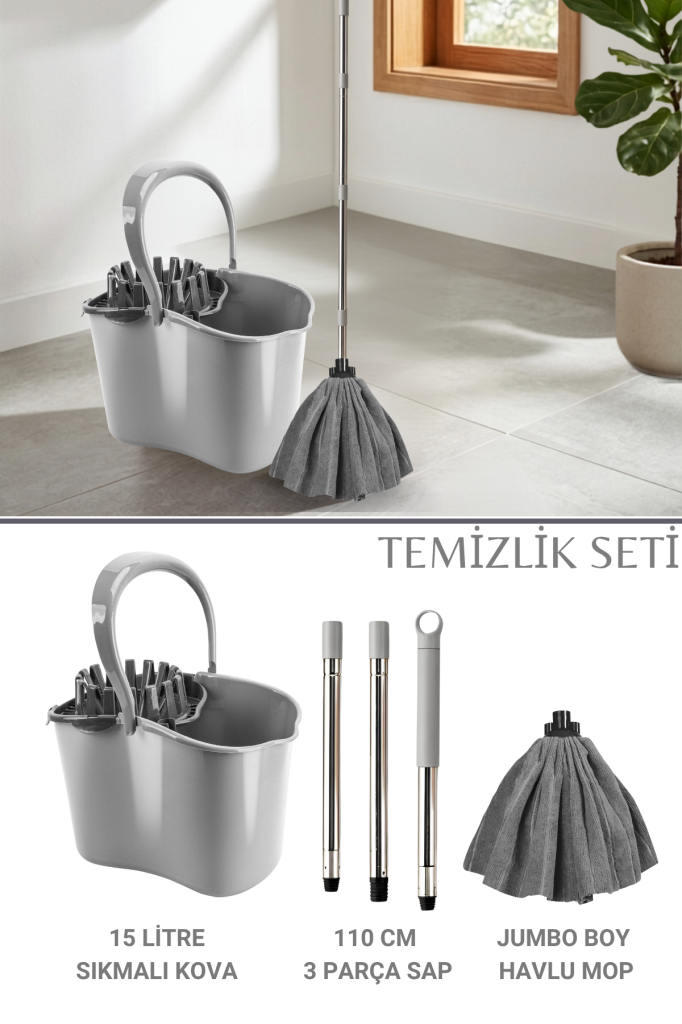 Sıkma Başlıklı Temizlik Kovası Seti, 15 Lt Kova + Mega Mikrofiber Havlu Mop + 3 Parçalı Sap Gri