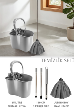 Sıkma Başlıklı Temizlik Kovası Seti, 15 Lt Kova + Mega Mikrofiber Havlu Mop + 3 Parçalı Sap Gri