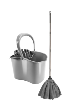 Sıkma Başlıklı Temizlik Kovası Seti, 15 Lt Kova + Mega Mikrofiber Havlu Mop + 3 Parçalı Sap Gri