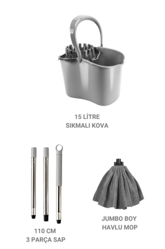 Sıkma Başlıklı Temizlik Kovası Seti, 15 Lt Kova + Mega Mikrofiber Havlu Mop + 3 Parçalı Sap Gri