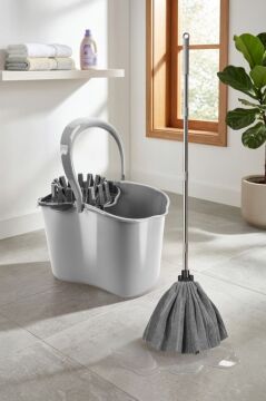 Sıkma Başlıklı Temizlik Kovası Seti, 15 Lt Kova + Mega Mikrofiber Havlu Mop + 3 Parçalı Sap Gri