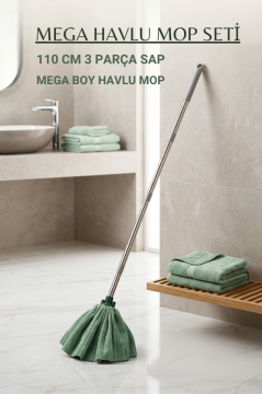 Mega Mop Sap Takımı, Mega Mikrofiber Havlu Mop + 3 Parçalı Krom Sap Gri 110 cm Seti