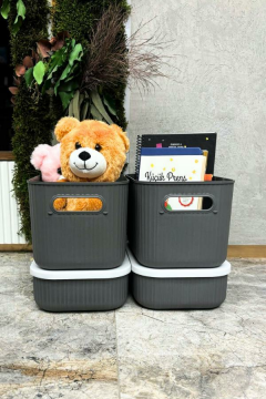 Çok Amaçlı Dolap İçi Düzenleyici Kapaklı Saklama Kutusu Takı, Makyaj, Banyo ve Mutfak Düzenleyici 4'lü Set Gri (3,2 lt 6,2 lt)