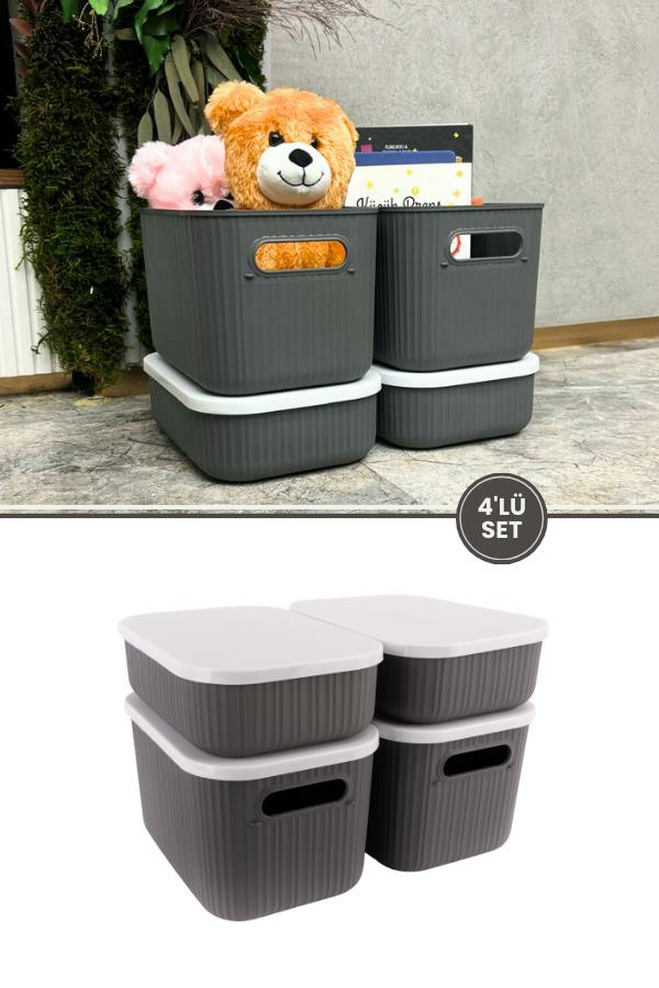 Çok Amaçlı Dolap İçi Düzenleyici Kapaklı Saklama Kutusu Takı, Makyaj, Banyo ve Mutfak Düzenleyici 4'lü Set Gri (3,2 lt 6,2 lt)