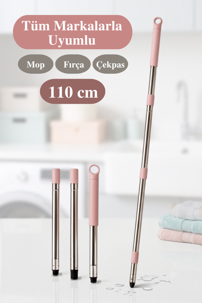 3 Parçalı Mop Sapı 110 cm, Tüm Marka Model Paspas Mop Fırçalarla Uyumlu Çok Amaçlı Oto Sap Pembe