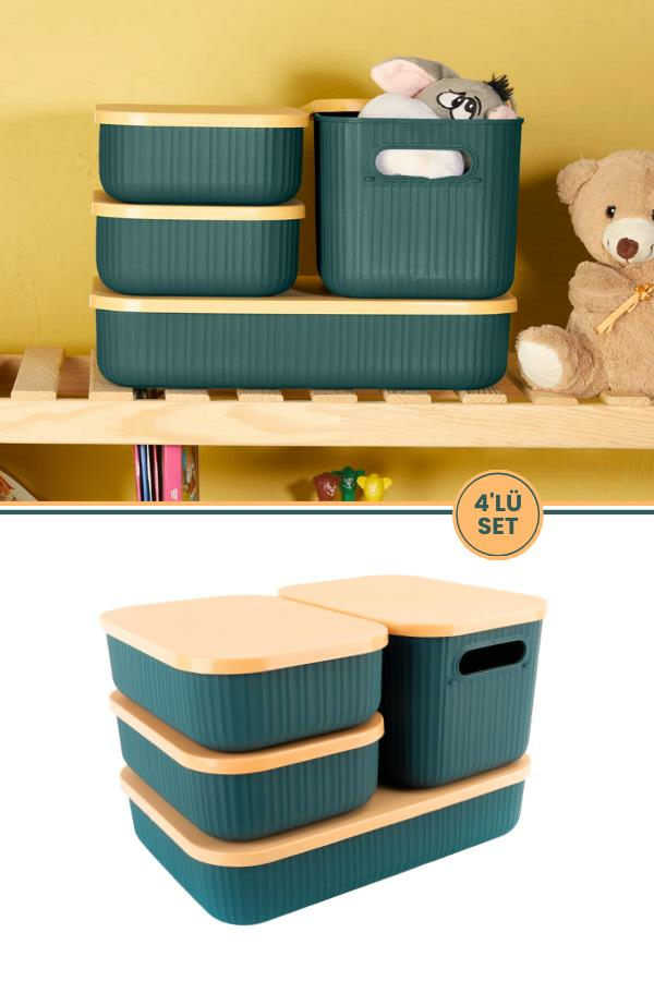 Çok Amaçlı Dolap İçi Düzenleyici Kapaklı Saklama Kutusu Takı, Makyaj, Banyo ve Mutfak Düzenleyici 4'lü Set Yeşil (3,2 lt 6,2 lt,6,8 lt)