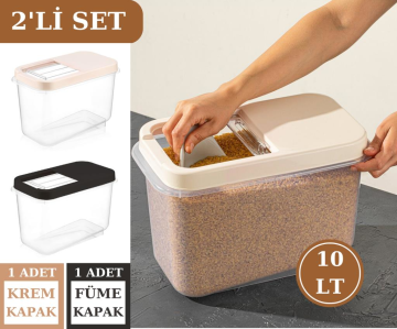 Flosoft 10 LT Un Bakliyat Erzak Saklama Kabı Deterjan Kutusu 2’li Set Füme+Krem