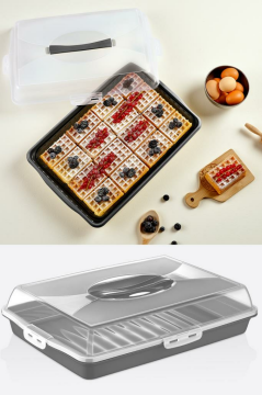 Flosoft Dikdörtgen Kek Pasta Börek Saklama Kabı, Kilitli Borcam Taşıma Kabı Büyük Boy 45cm Siyah