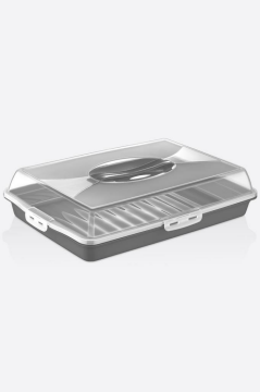 Flosoft Dikdörtgen Kek Pasta Börek Saklama Kabı, Kilitli Borcam Taşıma Kabı Büyük Boy 45cm Siyah