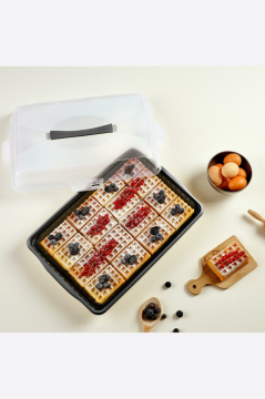 Flosoft Dikdörtgen Kek Pasta Börek Saklama Kabı, Kilitli Borcam Taşıma Kabı Büyük Boy 45cm Siyah