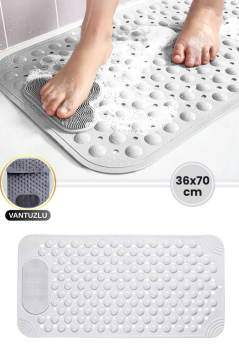 Vantuzlu Banyo ve Küvet Matı, Kaydırmaz Duş Paspası Gözenekli Ayak Masaj Halısı (70x36cm) Beyaz