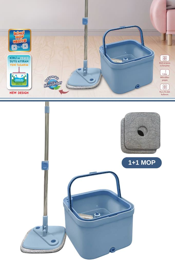 Flora Kare Spin Mop Set, Temiz ve Kirli Suyu Ayıran Mikrofiber Döner Temizlik Seti 1+1 Mop