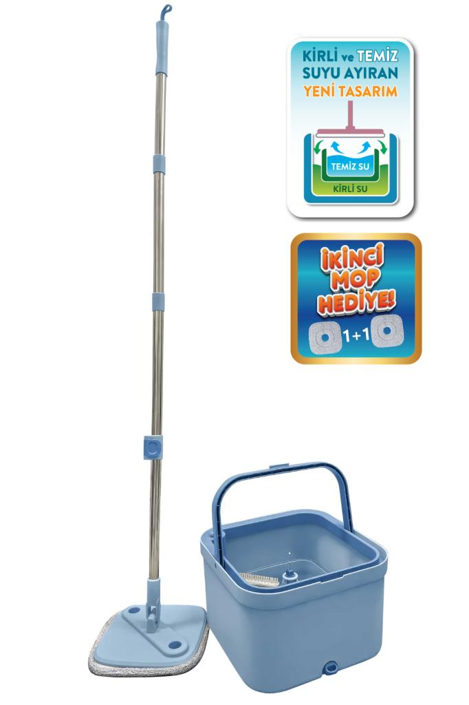 Flora Kare Spin Mop Set, Temiz ve Kirli Suyu Ayıran Mikrofiber Döner Temizlik Seti 1+1 Mop Mavi