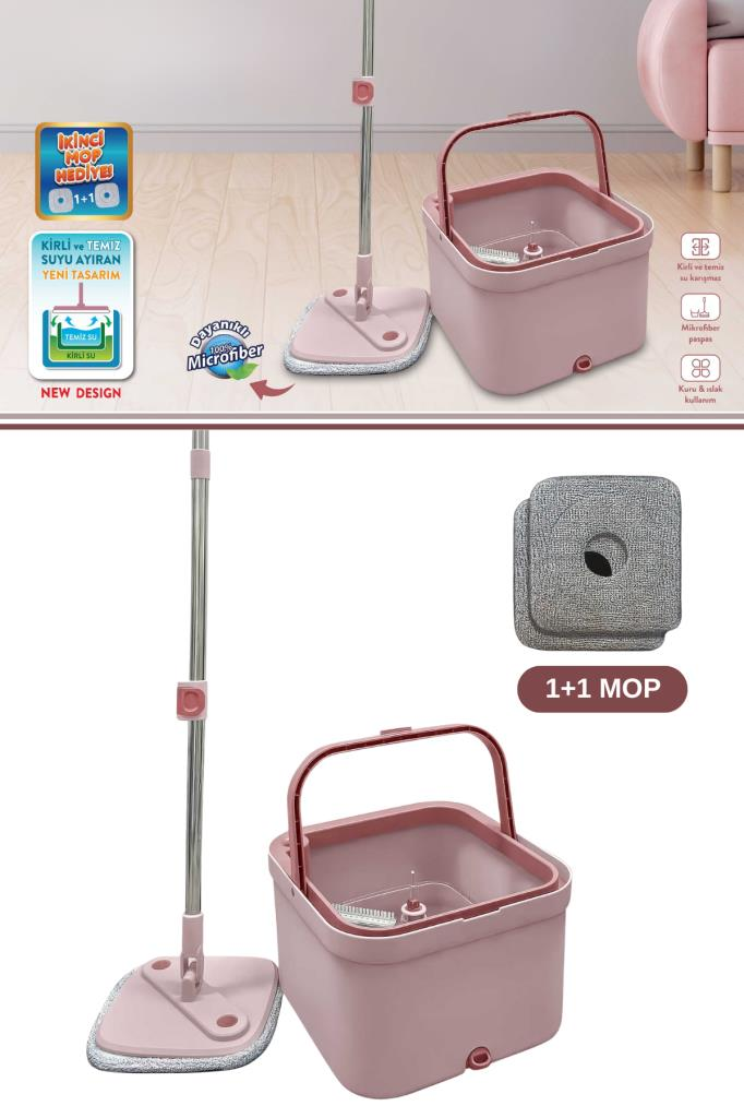 Flora Kare Spin Mop Set, Temiz ve Kirli Suyu Ayıran Mikrofiber Döner Temizlik Seti 1+1 Mop Pembe