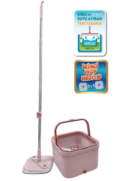 Flora Kare Spin Mop Set, Temiz ve Kirli Suyu Ayıran Mikrofiber Döner Temizlik Seti 1+1 Mop Pembe